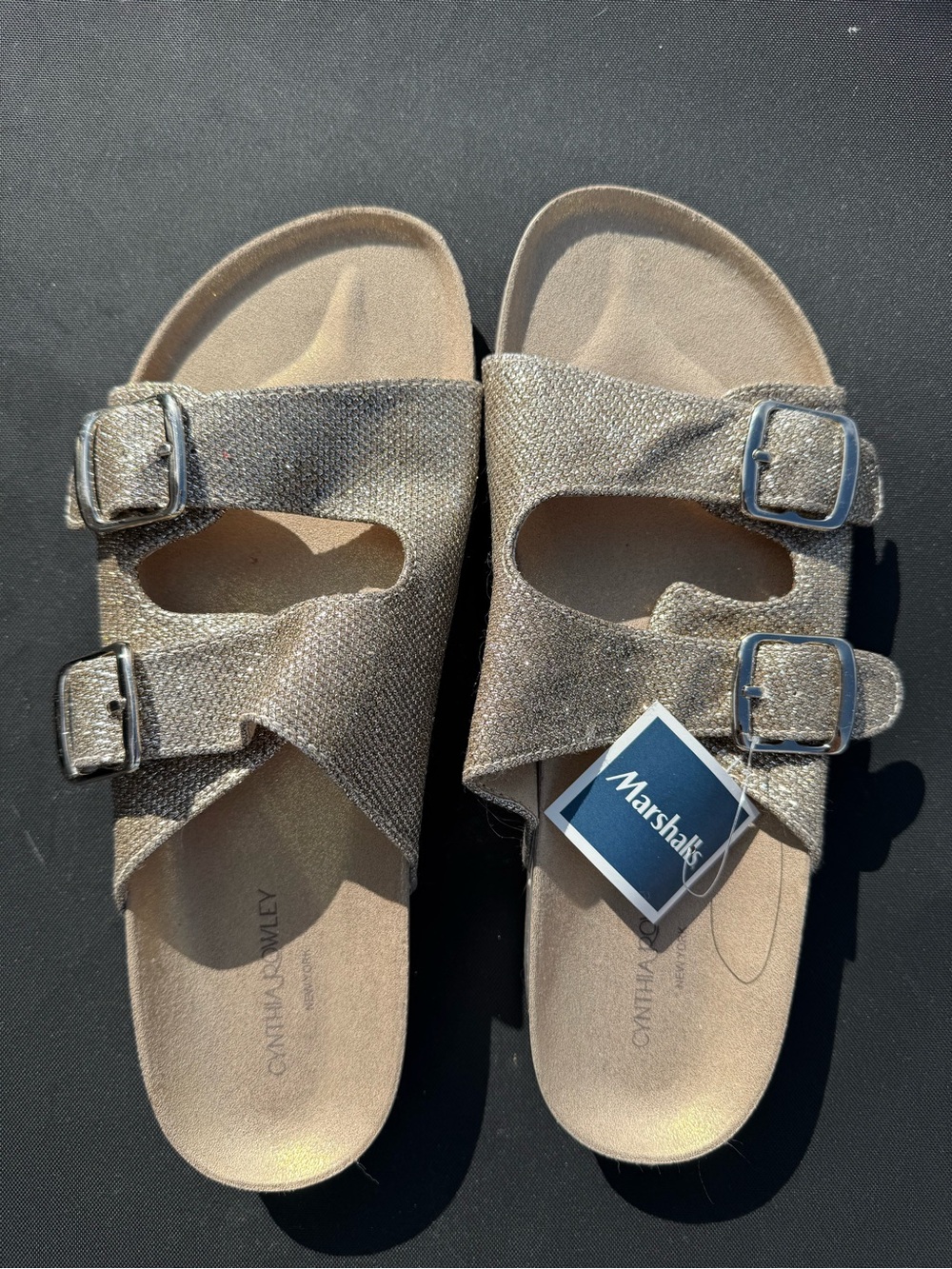 Cynthia Rowley Shimmery Gold Double-Buckle Slide Sandals